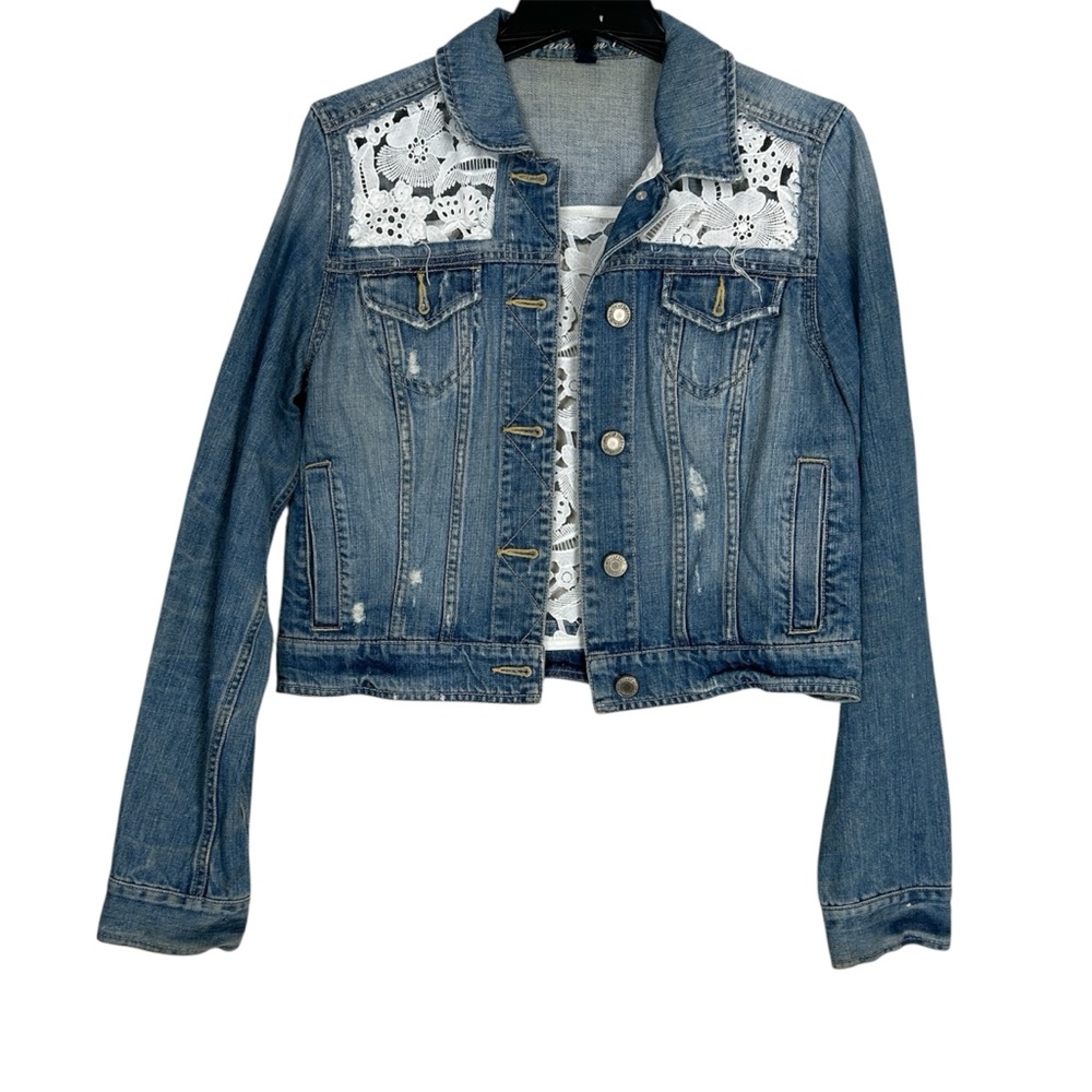 American Eagle Outfitters Upcycled Blue Denim Jacket with White Lace SZ L